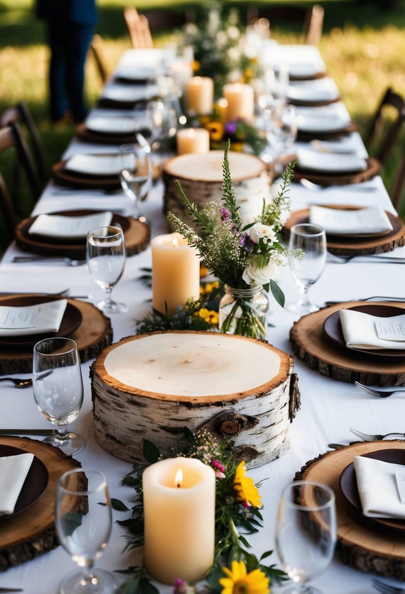 A rustic wedding table adorned with birch wood slab centerpieces, surrounded by wildflowers and candles