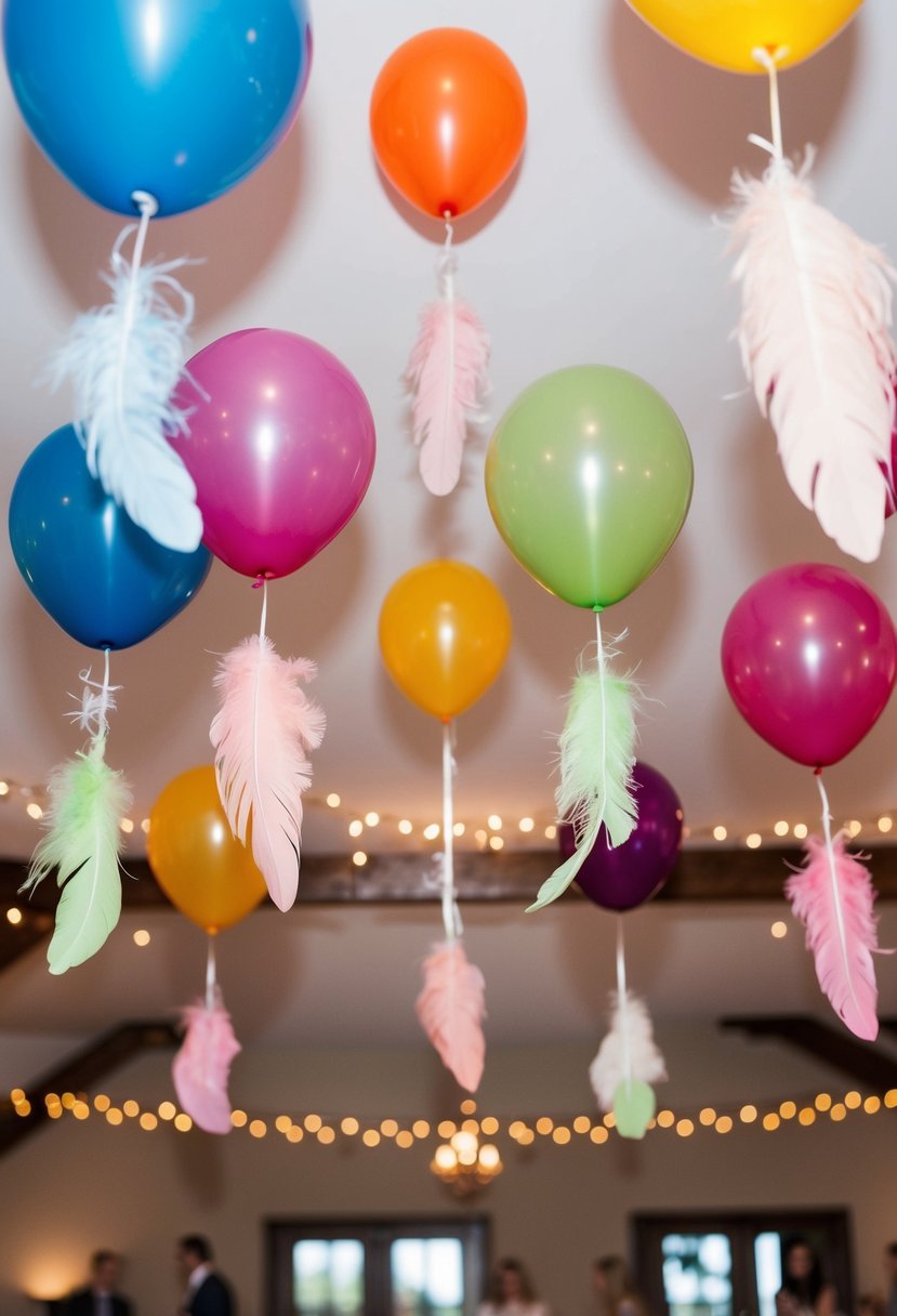 Colorful balloons filled with feathers float above a wedding reception, adding a whimsical and romantic touch to the celebration