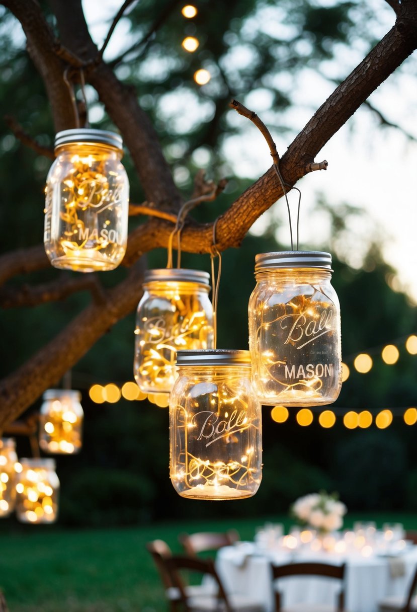 Mason jars filled with fairy lights hang from tree branches, casting a warm glow over a rustic wedding reception