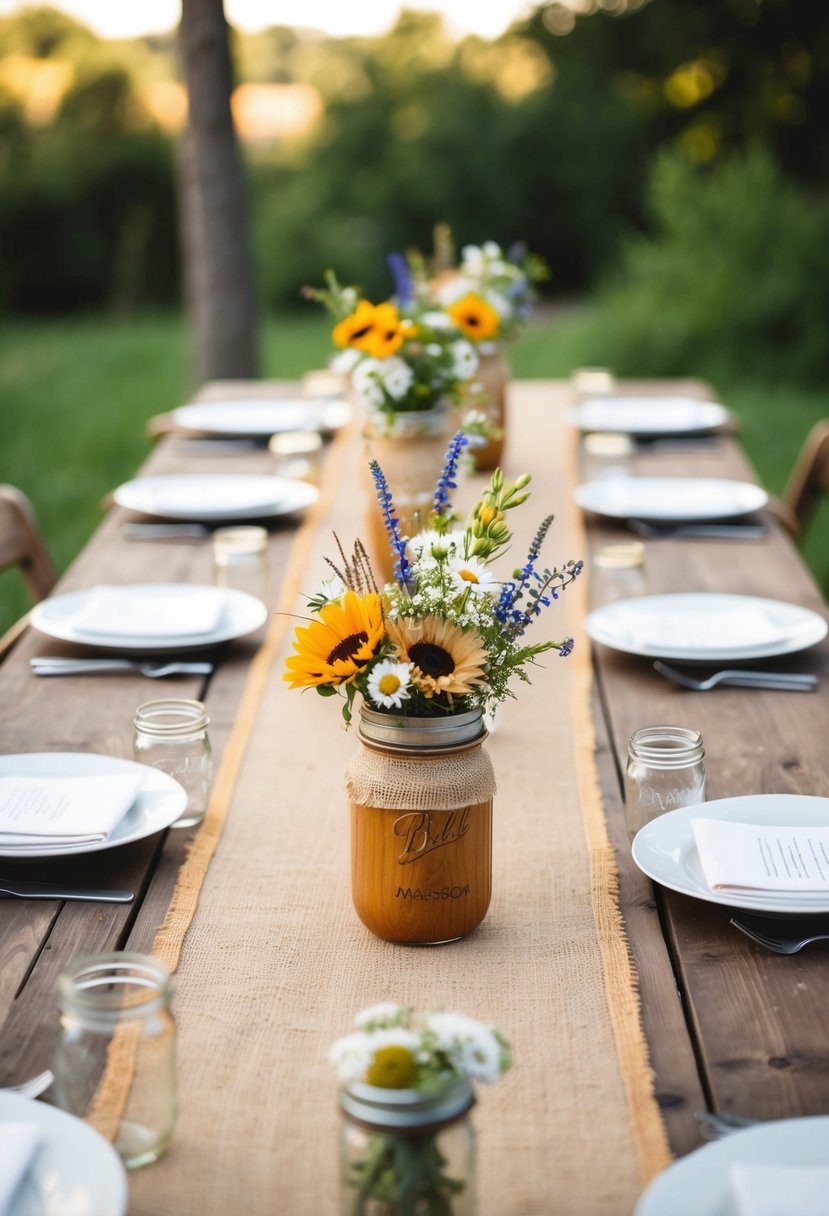 A wooden table adorned with burlap table runners, mason jar centerpieces, and wildflower bouquets. Rustic wedding decor