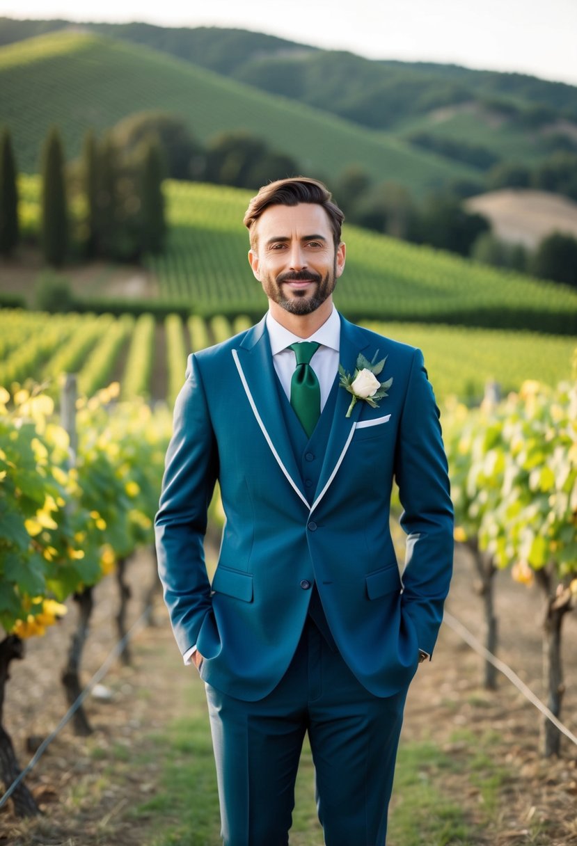 A groom standing in a stylish Italian wedding suit, surrounded by vineyards and rolling hills in the background