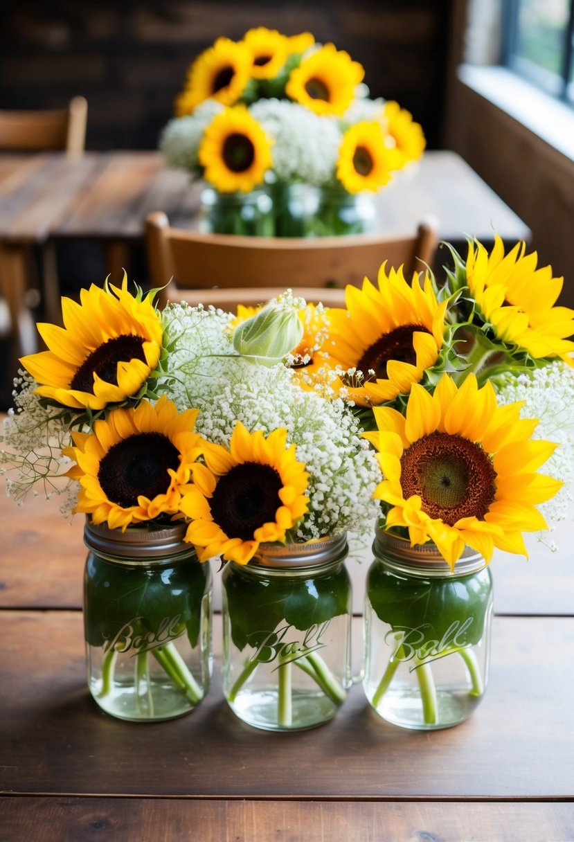 Sunflowers and baby's breath arranged in mason jars on wooden tables