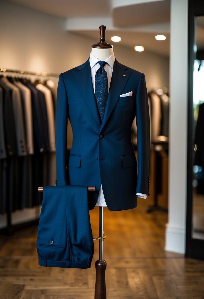 A classic navy Italian suit displayed on a tailor's mannequin