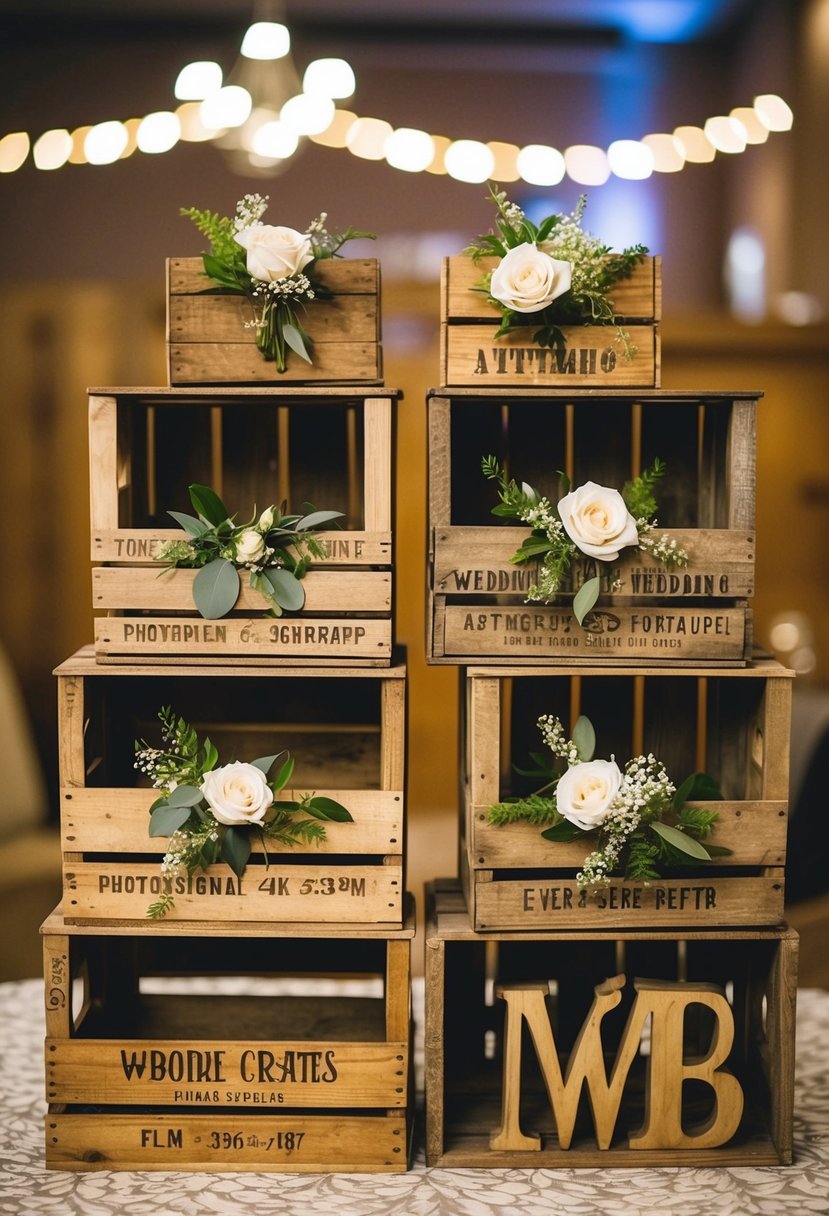 Vintage wooden crates arranged for rustic wedding decor display