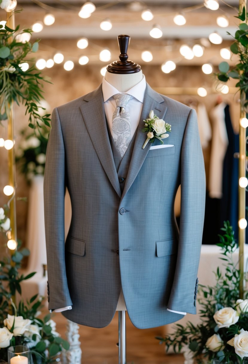 A well-tailored gray fresco suit hanging on a mannequin, surrounded by Italian wedding decor and accessories