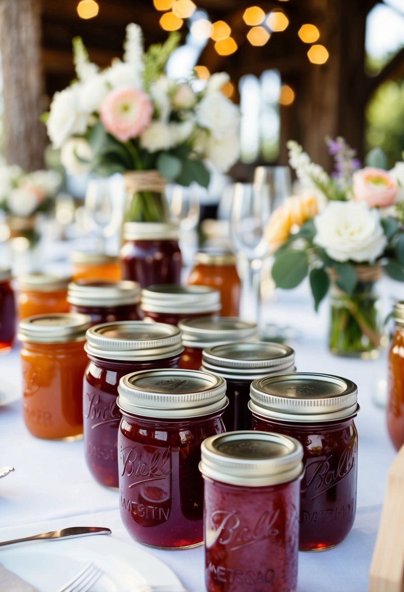 A table adorned with jars of homemade jams, surrounded by rustic wedding decor