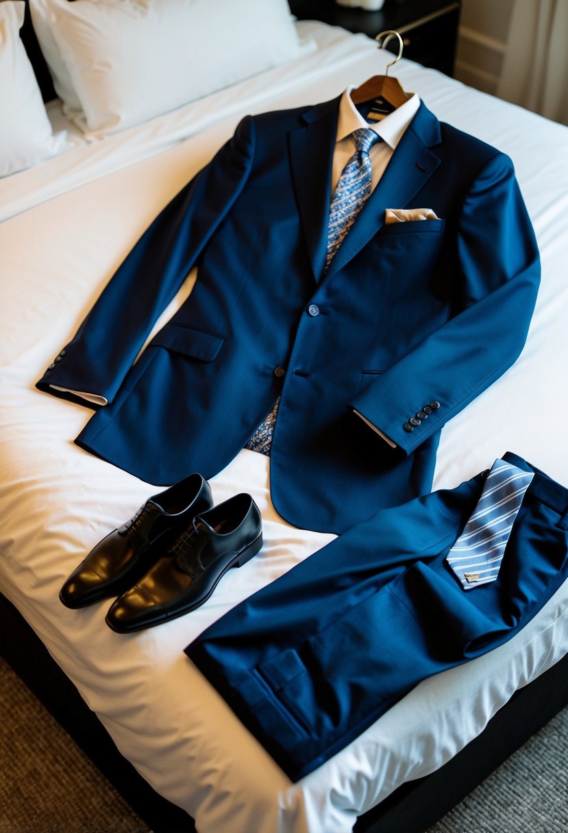 A man's slim fit Italian suit laid out on a bed, with a pair of matching shoes and a tie nearby