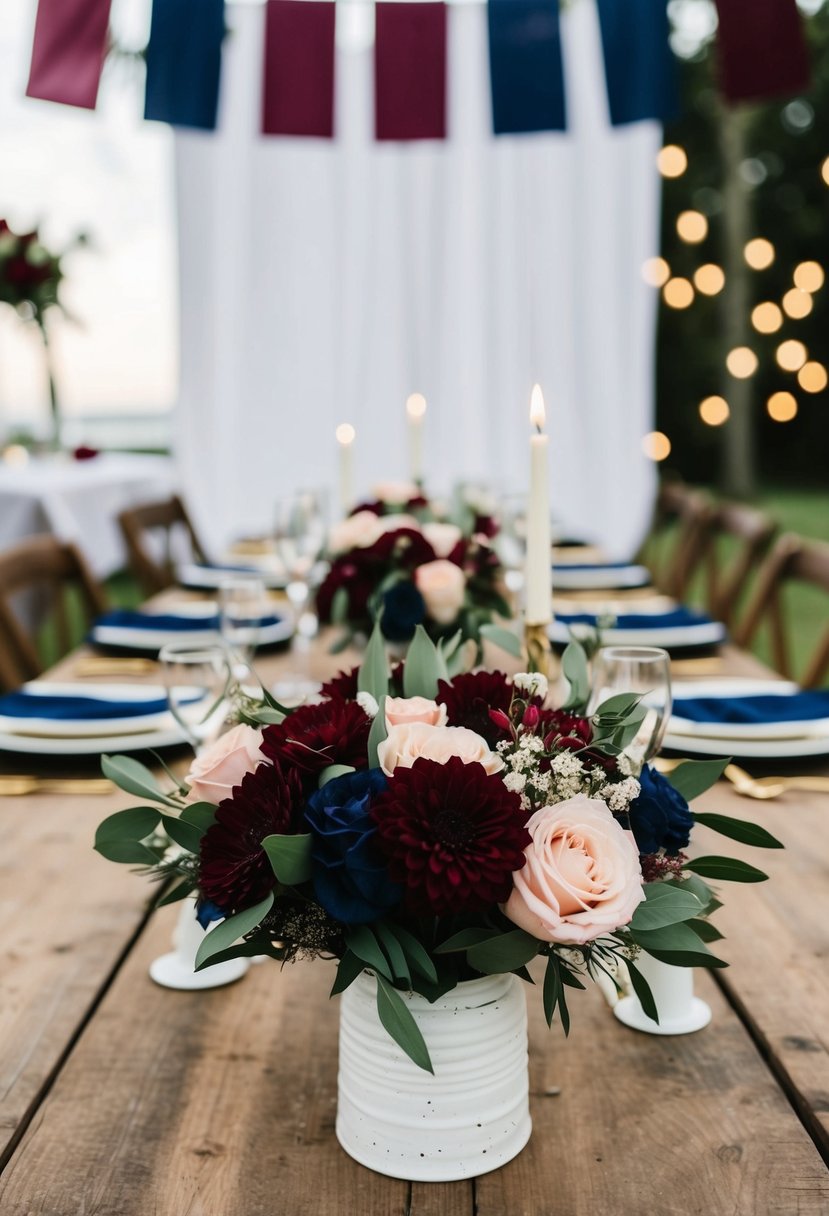 A rustic wedding scene with burgundy, navy, blush, and white decor