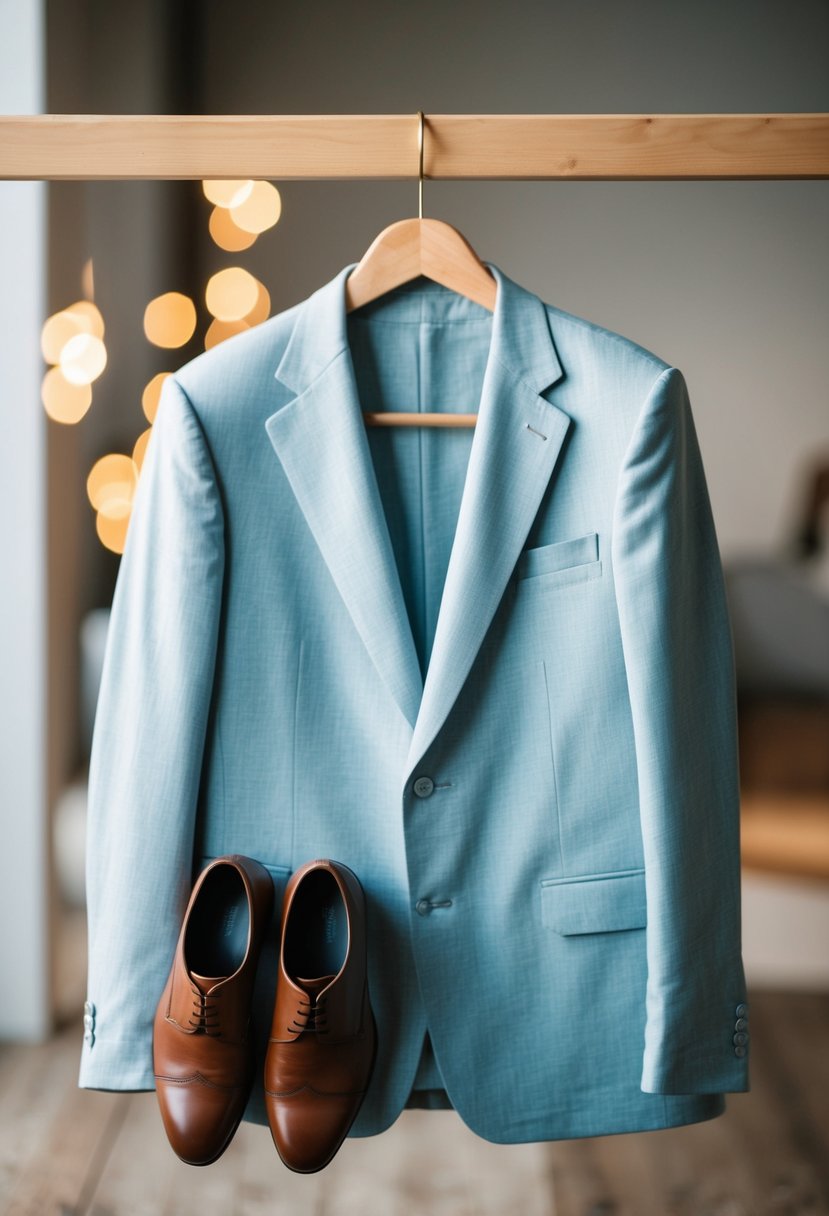 A light-weight linen suit hanging on a wooden hanger, with a pair of leather shoes placed neatly beside it