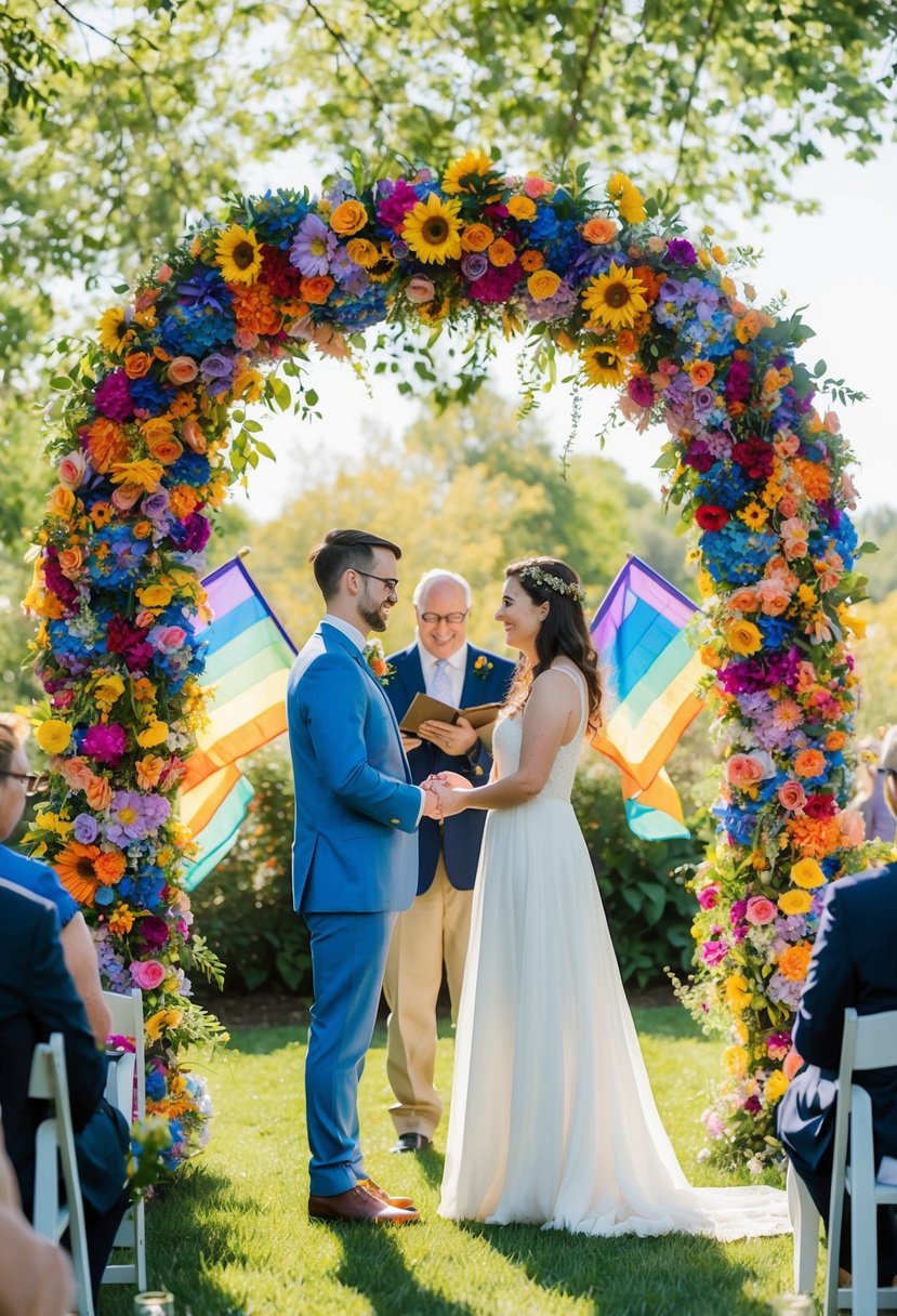 A colorful floral arch frames a same-sex couple exchanging vows in a sun-dappled garden. Rainbow flags flutter in the breeze