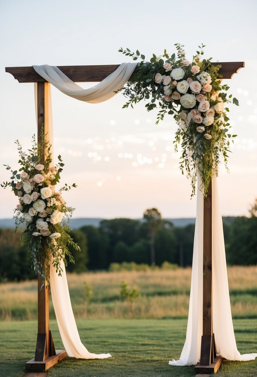 A wooden arch adorned with flowers and draped fabric stands as a focal point for rustic wedding decor