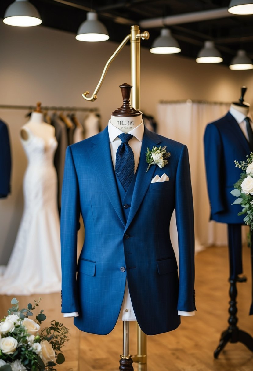 A man's high-twist fabric suit hangs on a tailor's mannequin, surrounded by Italian wedding suit ideas