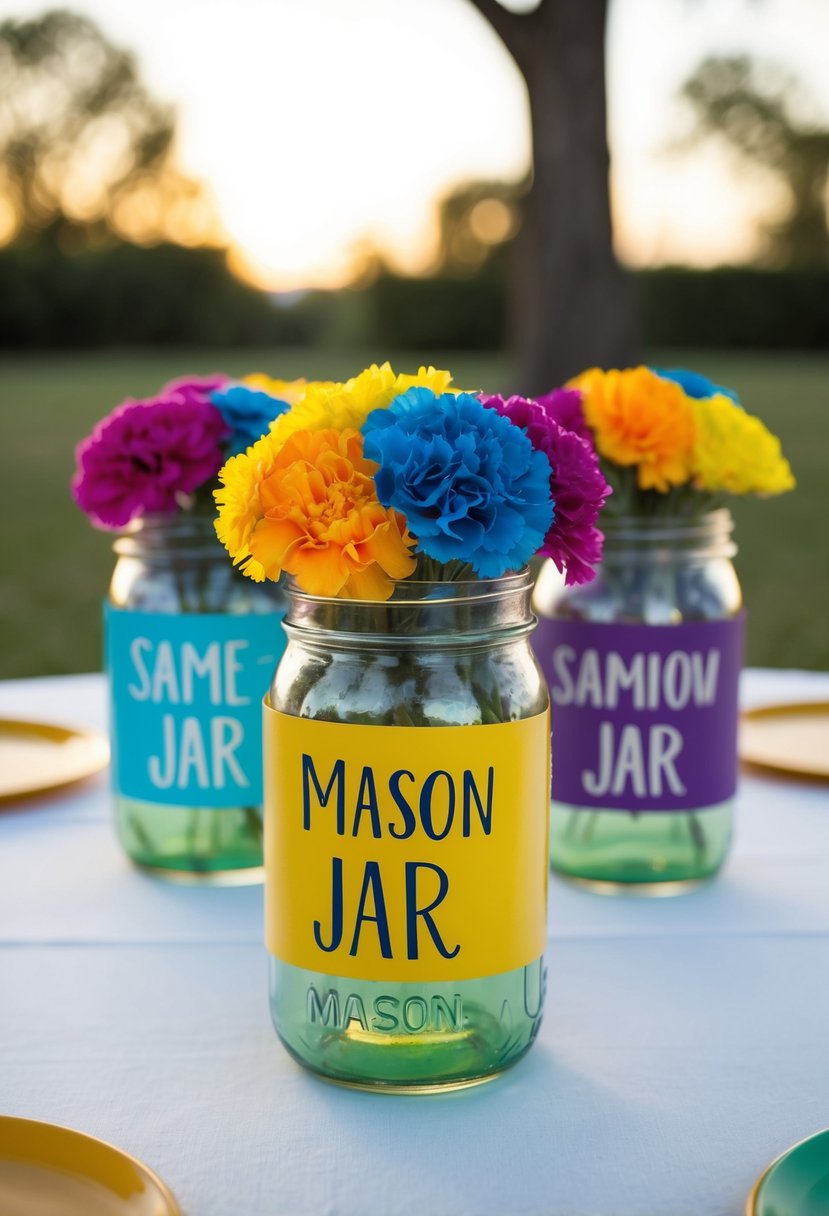 A table with mason jar signs filled with rainbow carnations for a same-sex wedding