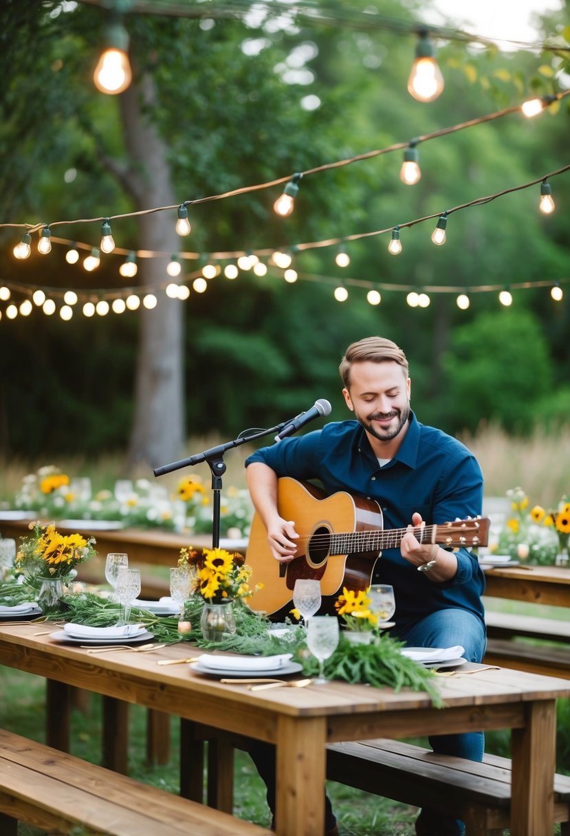 A cozy outdoor setting with string lights, wooden tables, and wildflower centerpieces, accompanied by a musician playing acoustic guitar