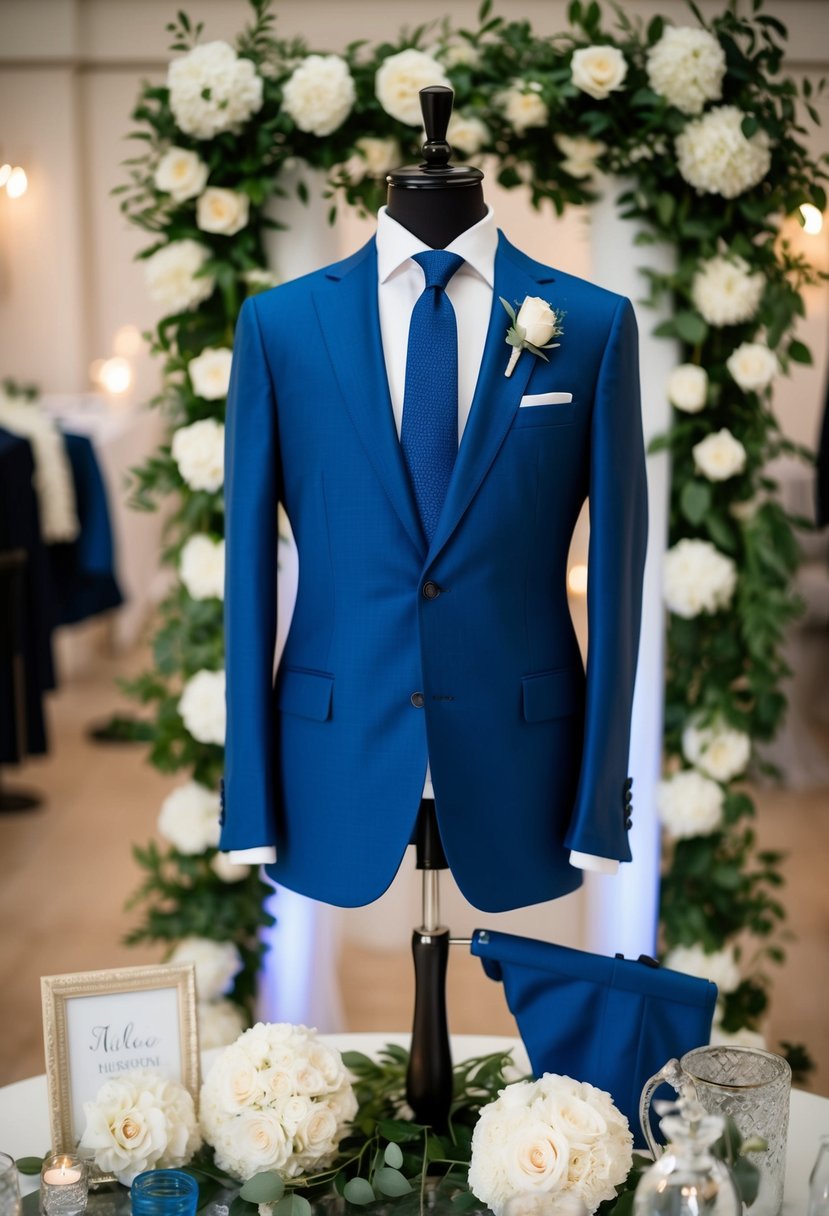 A mannequin wearing a hand-tailored blue suit, surrounded by Italian wedding decor and accessories