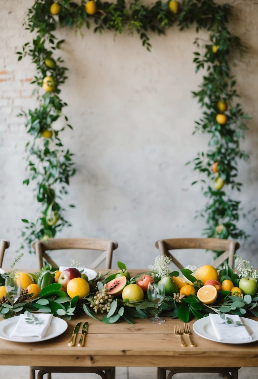 A green table garland with assorted fruits, set against a rustic backdrop, creates a charming and natural wedding decor