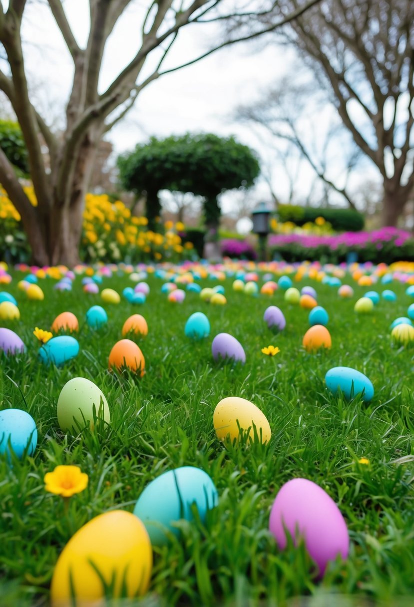 An Easter egg hunt in a lush garden with rainbow-colored eggs hidden among flowers and trees, set up for a same-sex wedding celebration