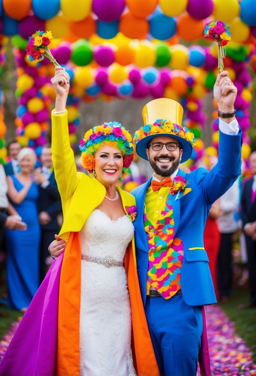 A colorful, festive wedding scene with two figures in vibrant, themed attire celebrating their same-sex union