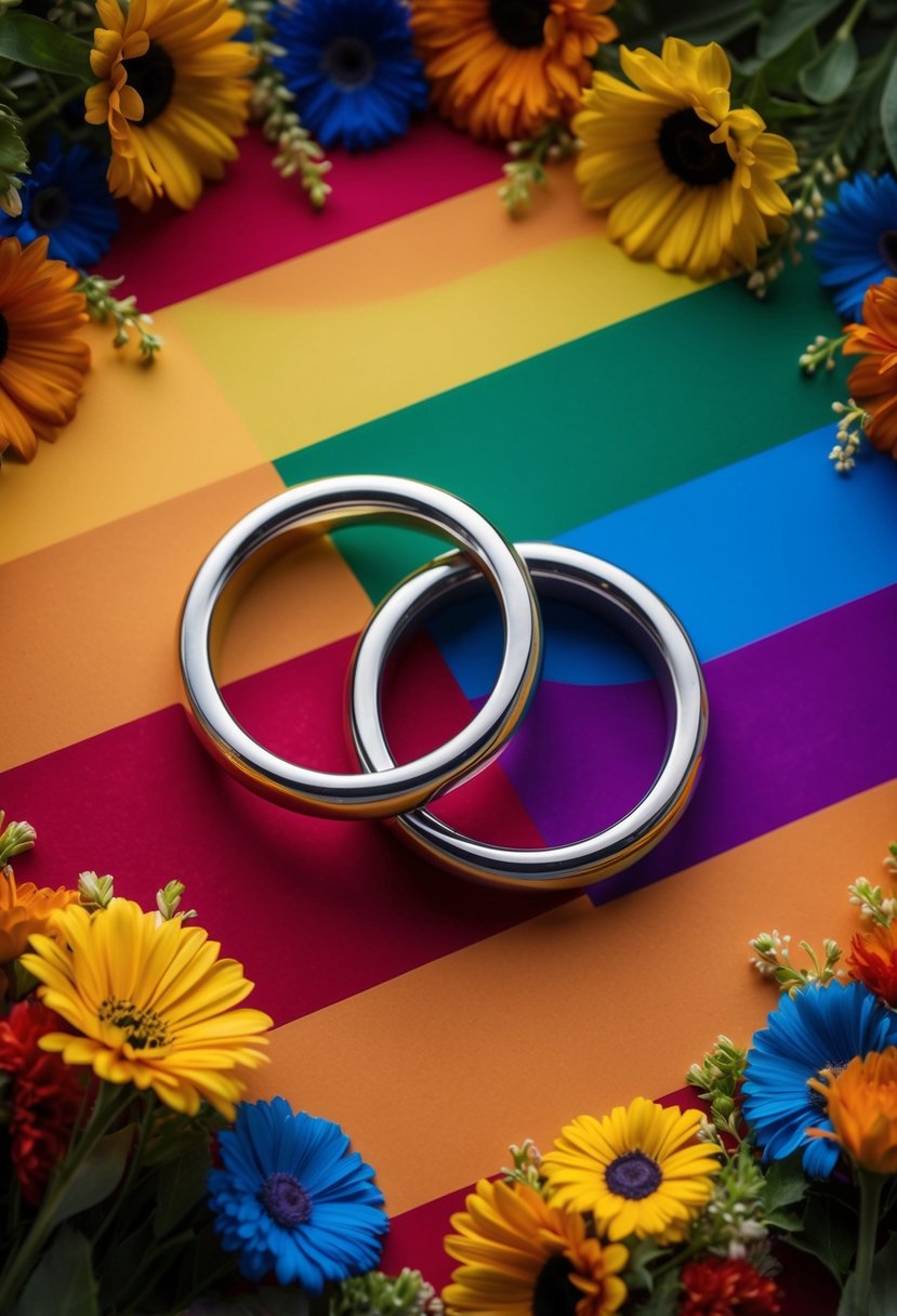 Two intertwined rings on a rainbow-colored background, surrounded by flowers and decorative elements in the colors of the LGBTQ+ pride flag