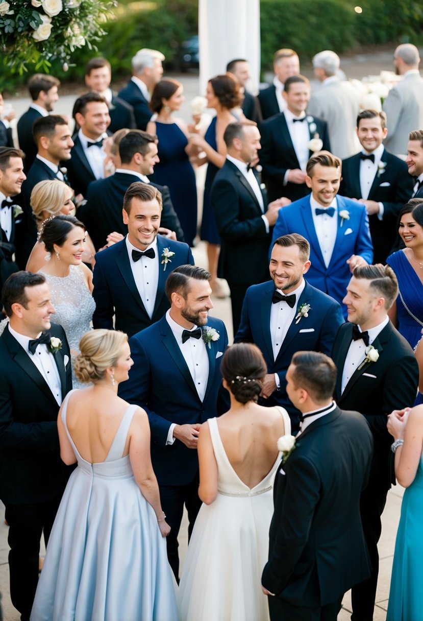 A group of elegantly dressed figures in a variety of tuxedos and gowns, mingling at a same-sex wedding celebration