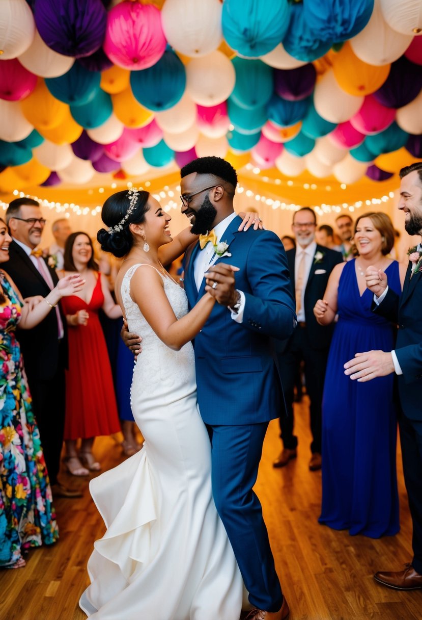 A diverse couple dances to unique music at their same-sex wedding, surrounded by joyful guests and colorful decorations