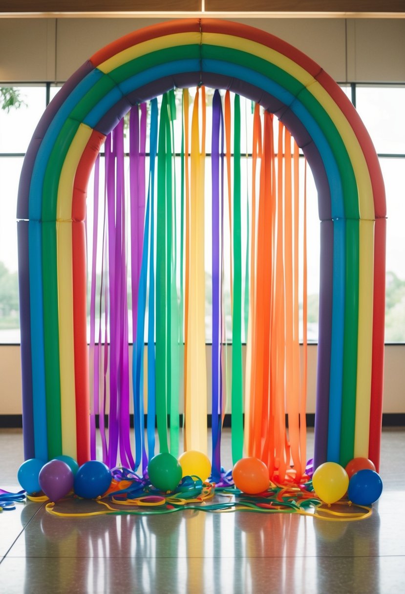 A vibrant rainbow arch frames the reception area, with colorful streamers and balloons cascading down to create a festive and inclusive atmosphere