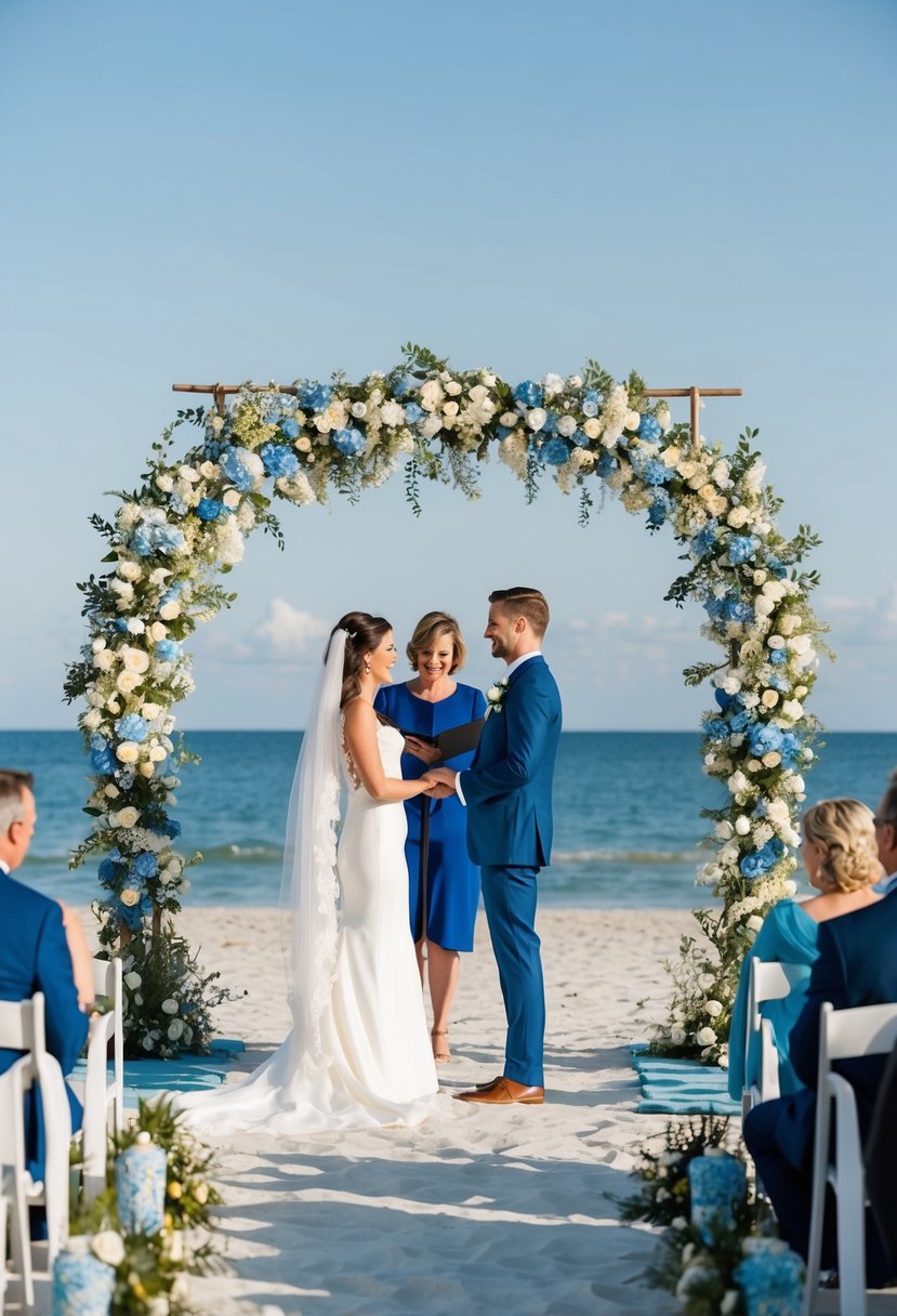 A serene beach wedding with blue and white decor, a clear sky, and a couple exchanging vows under a floral arch