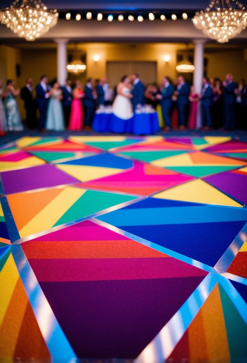 A colorful dance floor with custom designs for a same-sex wedding celebration