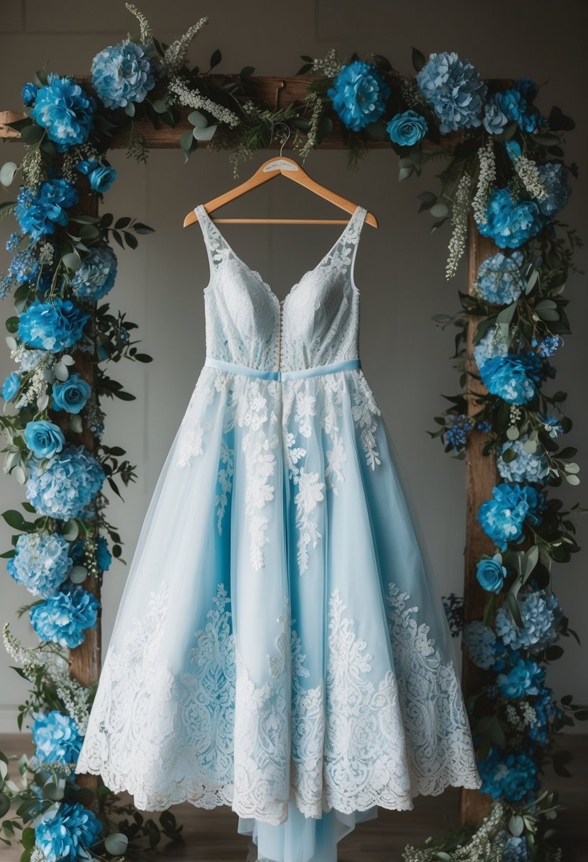 A light blue lace wedding dress hanging on a rustic wooden hanger, surrounded by blue floral arrangements and delicate lace details