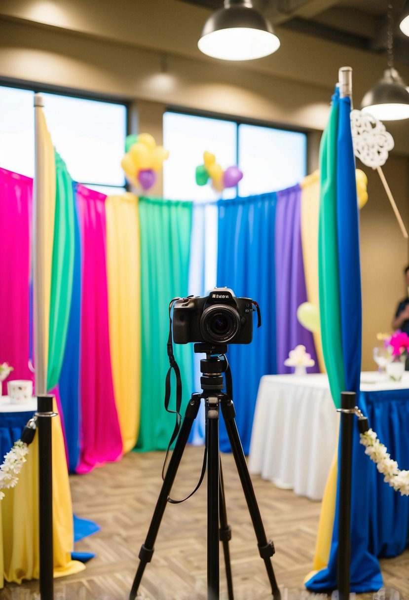 A DIY photo booth at a same-sex wedding with colorful backdrops, props, and a camera on a tripod