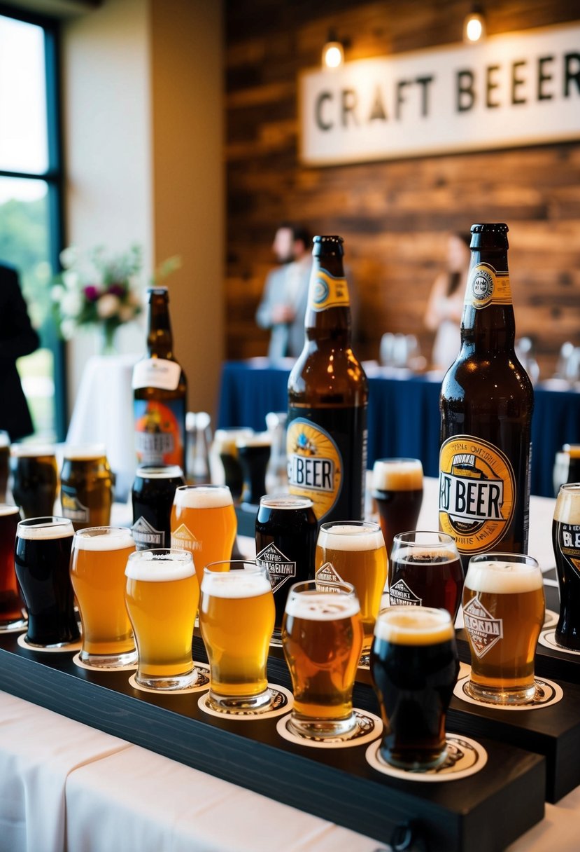 Several craft beer tasting stations set up at a same-sex wedding reception, with various unique and colorful beer options on display