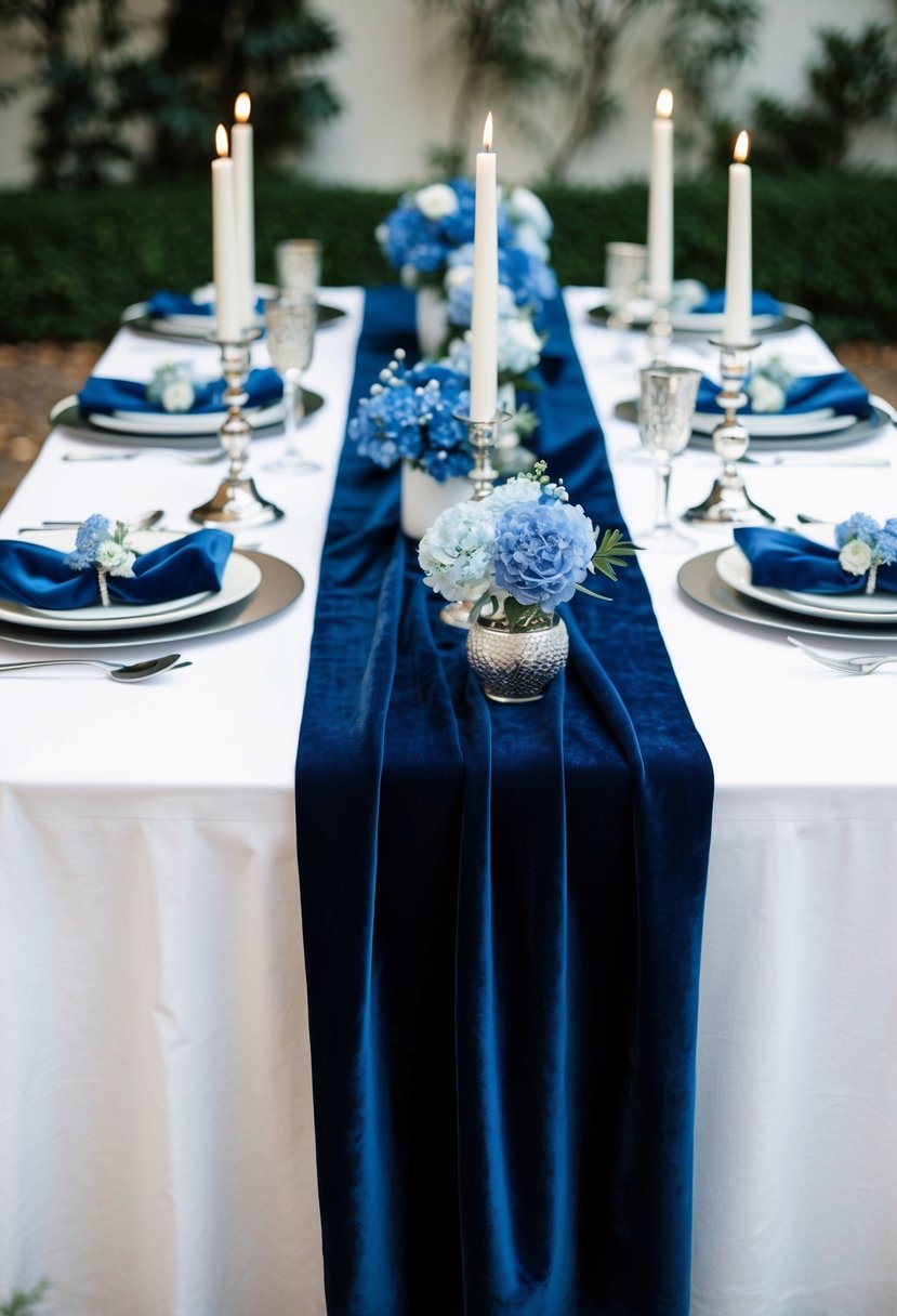 A navy blue velvet table runner drapes across a white table, adorned with delicate blue floral arrangements and silver candle holders