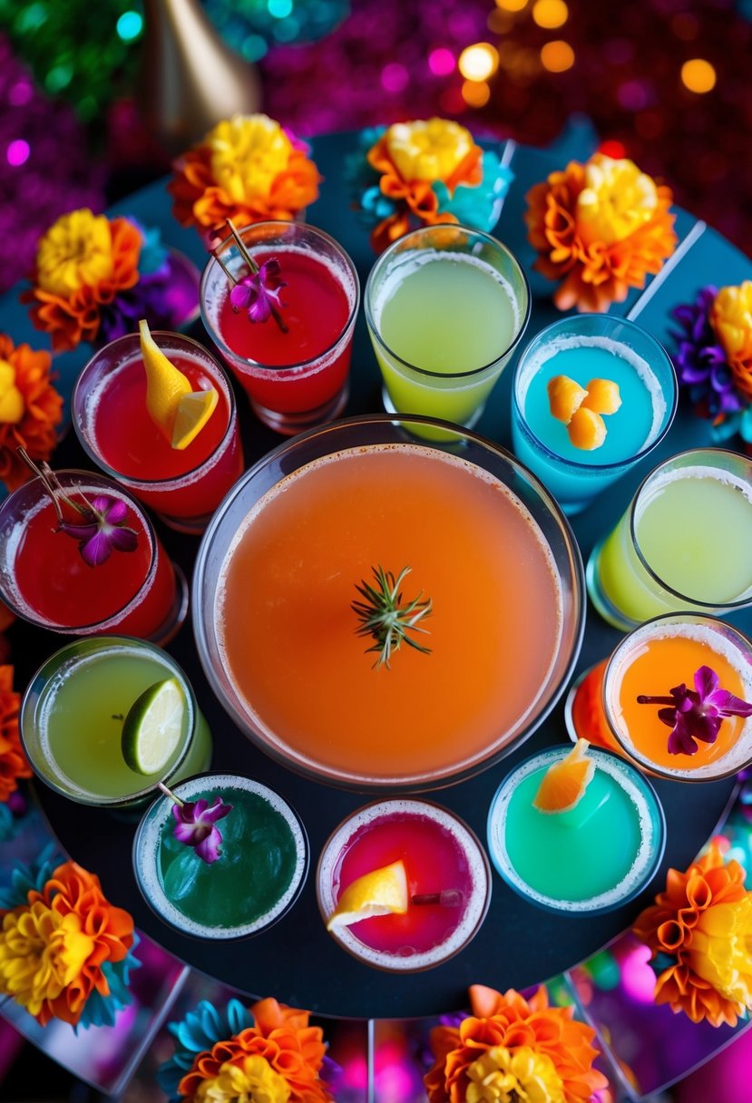 Colorful cocktails arranged in a circular pattern, each with a unique garnish and a twist, set against a backdrop of vibrant, celebratory decor