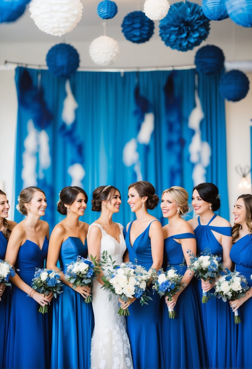 A group of sapphire blue bridesmaid dresses arranged in a stylish wedding setting with blue decor and floral accents