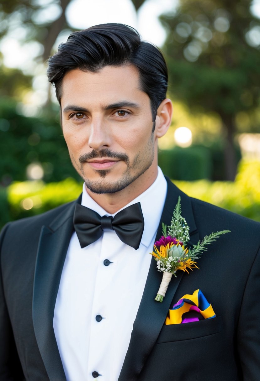 A sleek black tuxedo with a bold, colorful pocket square and a matching boutonniere, exuding Italian flair