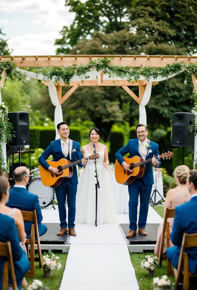 An outdoor garden wedding with a stage and musicians performing live acoustic music for a same-sex couple