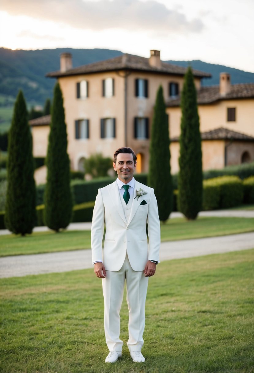 A groom in a traditional Italian morning suit stands in front of a rustic villa, surrounded by rolling hills and cypress trees