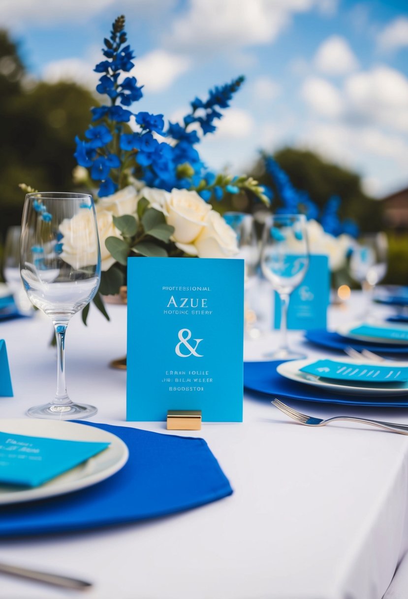 An elegant table setting with azure place cards and blue wedding decor