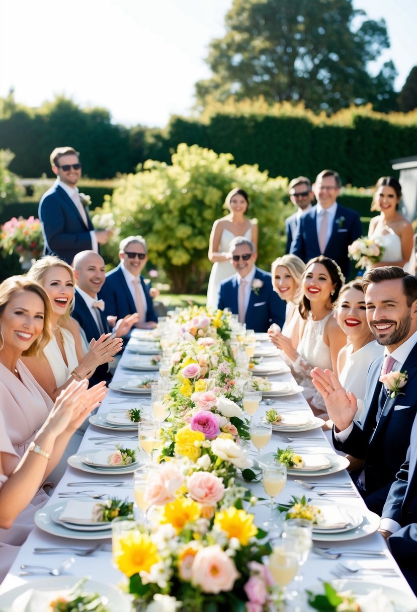 A sunny outdoor garden setting with a long table adorned with flowers and elegant place settings, surrounded by joyful and well-dressed wedding guests enjoying a daytime brunch celebration