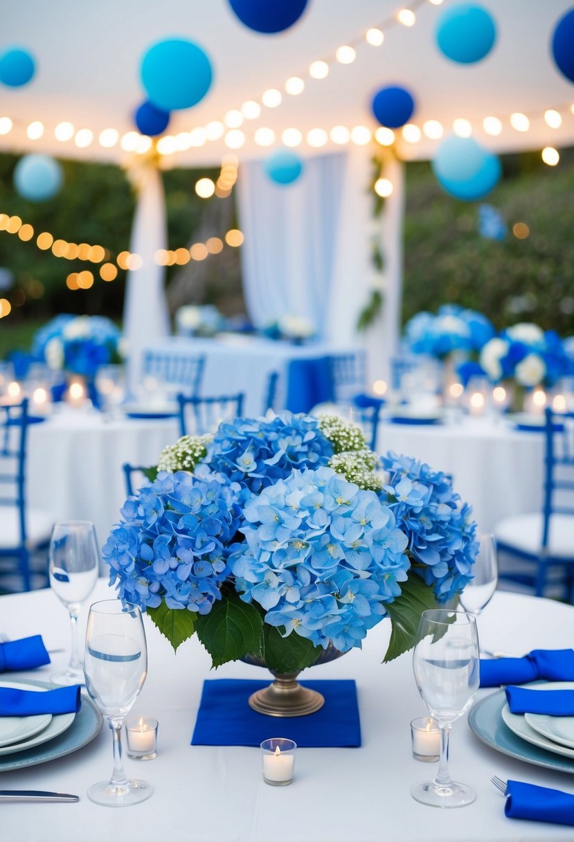 A table adorned with blue hydrangea centerpieces, surrounded by blue decor and twinkling lights, creating a serene and elegant atmosphere