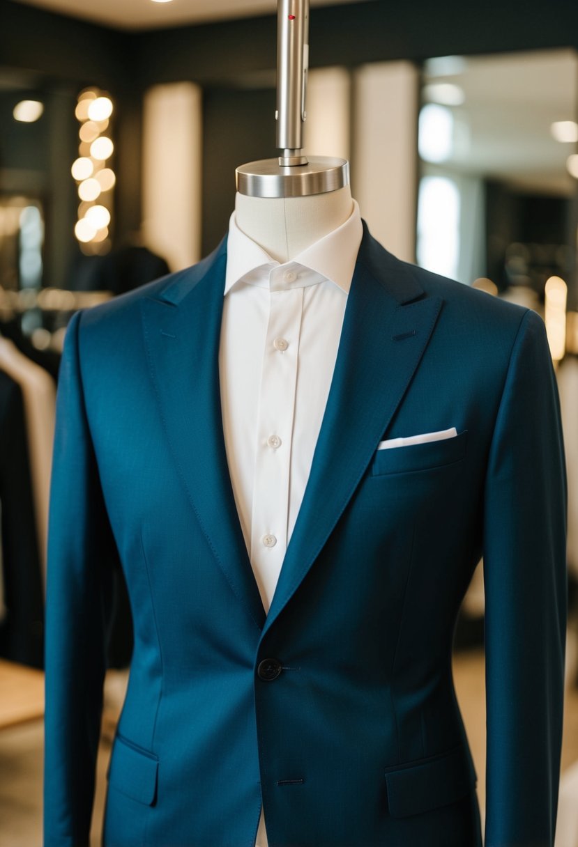 A sleek Italian blazer hangs on a tailor's mannequin, accentuating its snug fit and elegant design