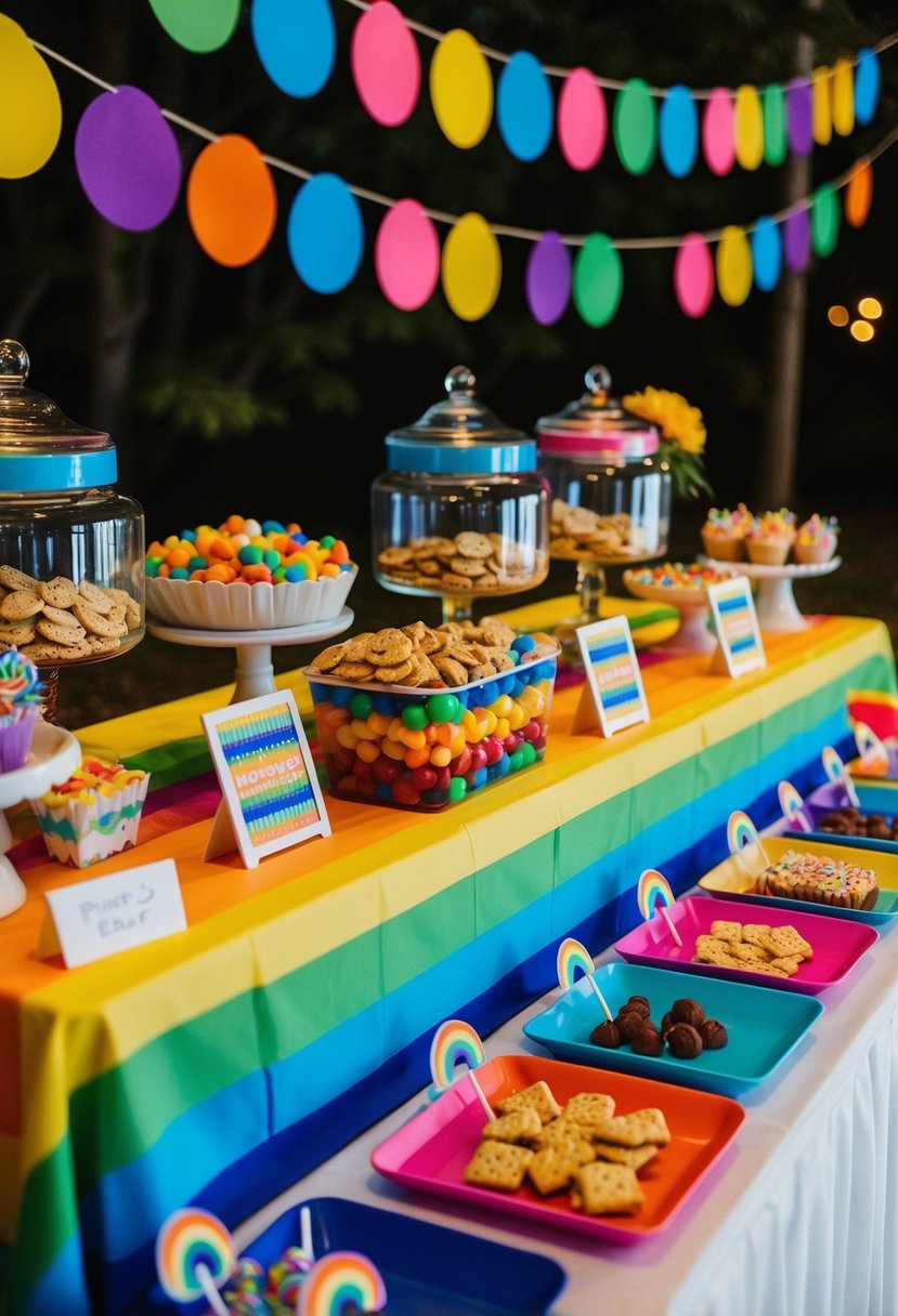 A colorful midnight snack bar with rainbow-themed treats and decorations for a same-sex wedding celebration