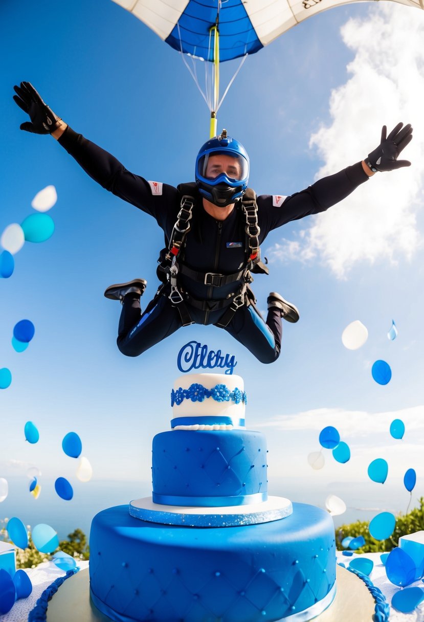 A skydiver gracefully descends with a blue cake topper, surrounded by a blue wedding theme