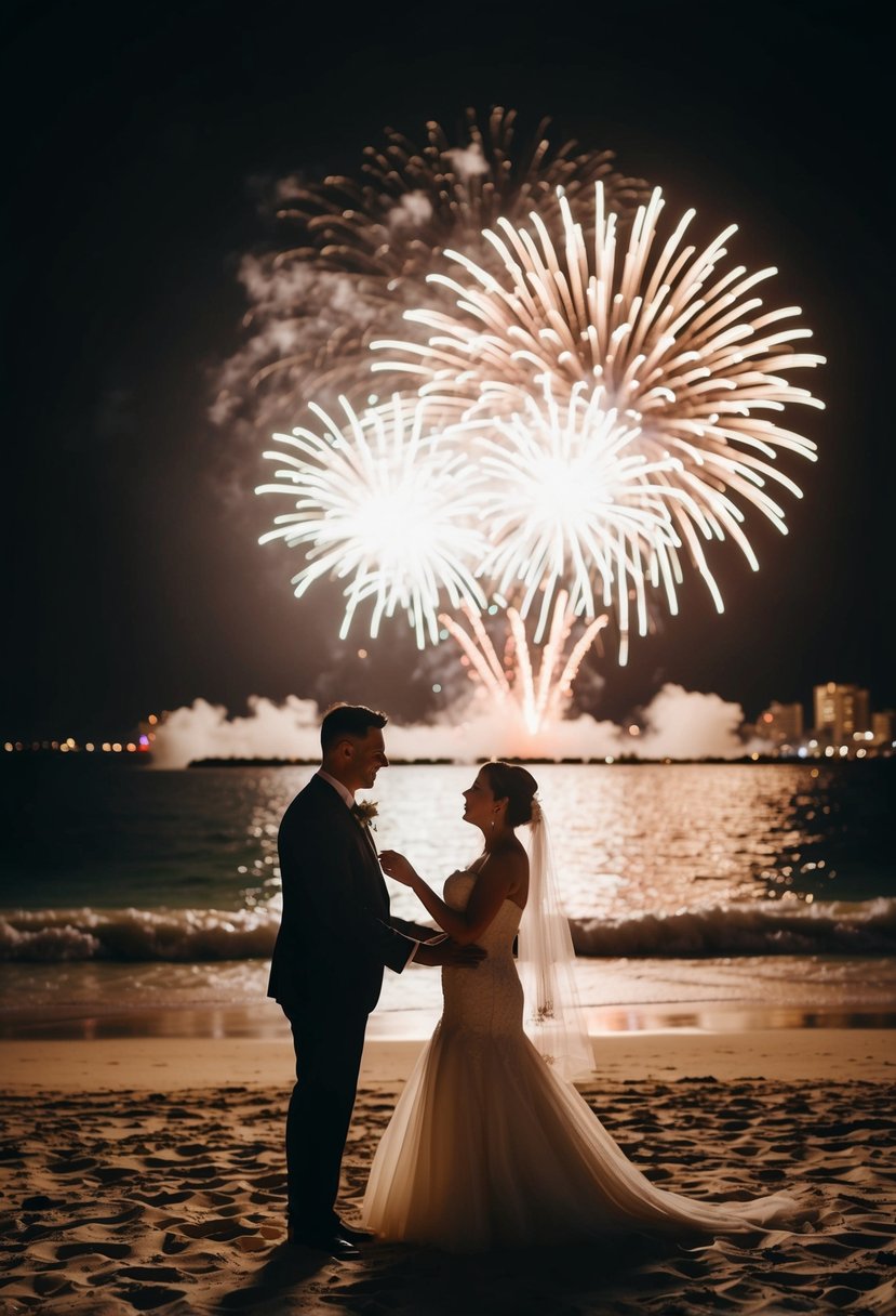 A nighttime beach wedding with a surprise fireworks display