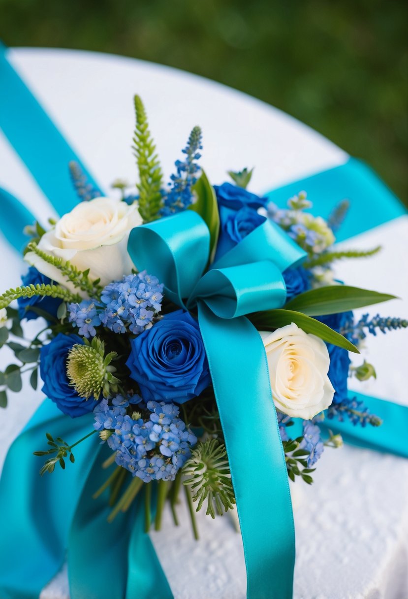 A turquoise silk ribbon elegantly wrapped around a bouquet of blue flowers, creating a stunning wedding centerpiece