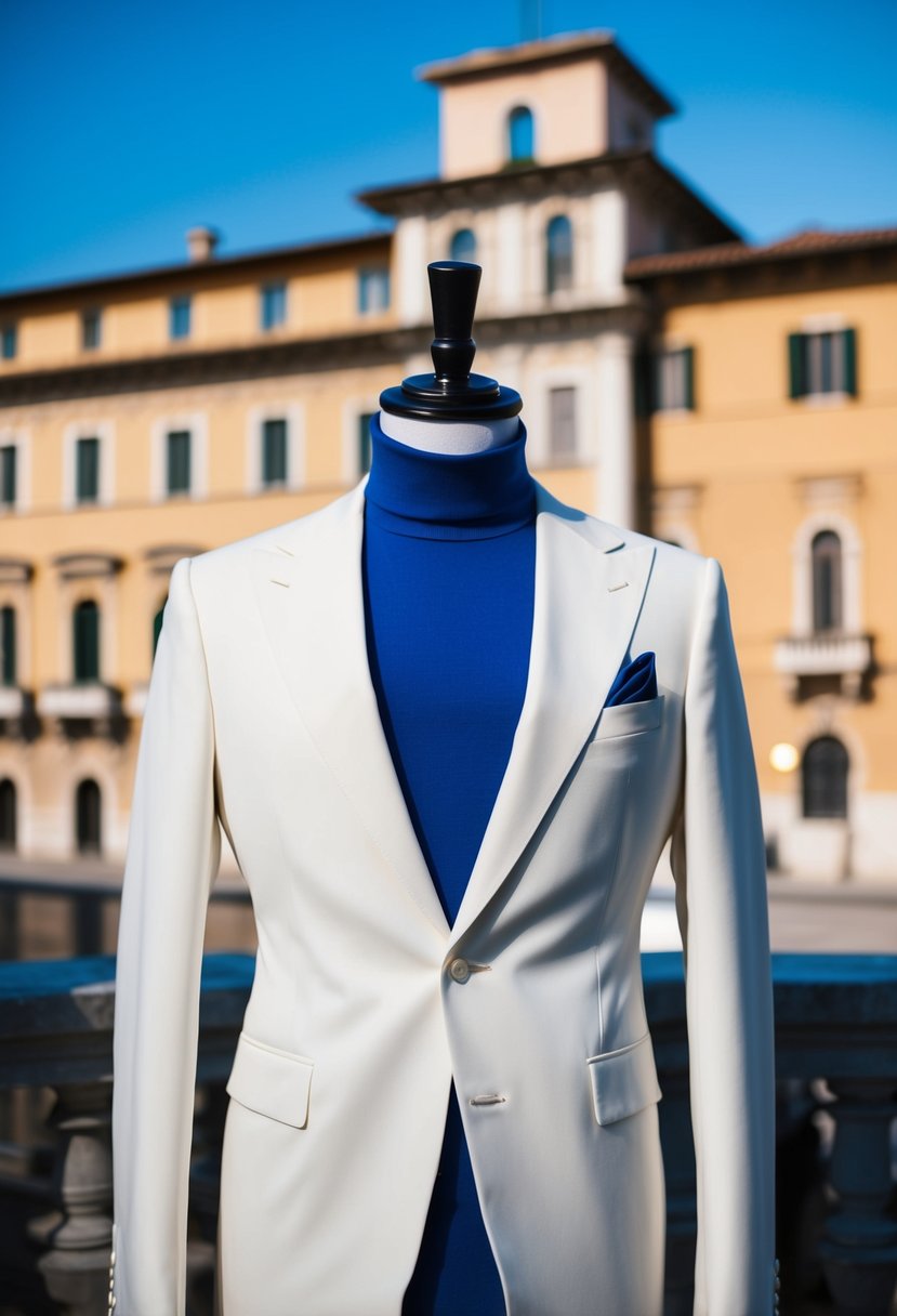 A mannequin wearing an elegant blue turtleneck paired with an Italian wedding suit, set against a backdrop of classic Italian architecture