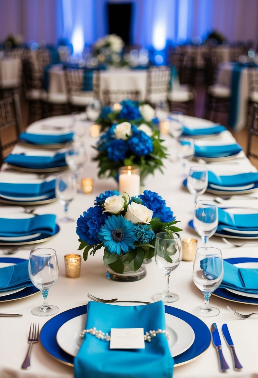 A table set with cerulean napkins, blue floral centerpieces, and coordinating place settings for a wedding reception