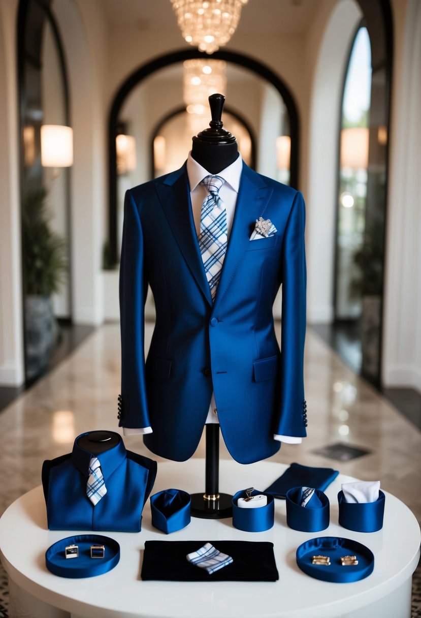 A groom's Italian summer wedding suit displayed on a mannequin, surrounded by elegant accessories like ties, cufflinks, and pocket squares