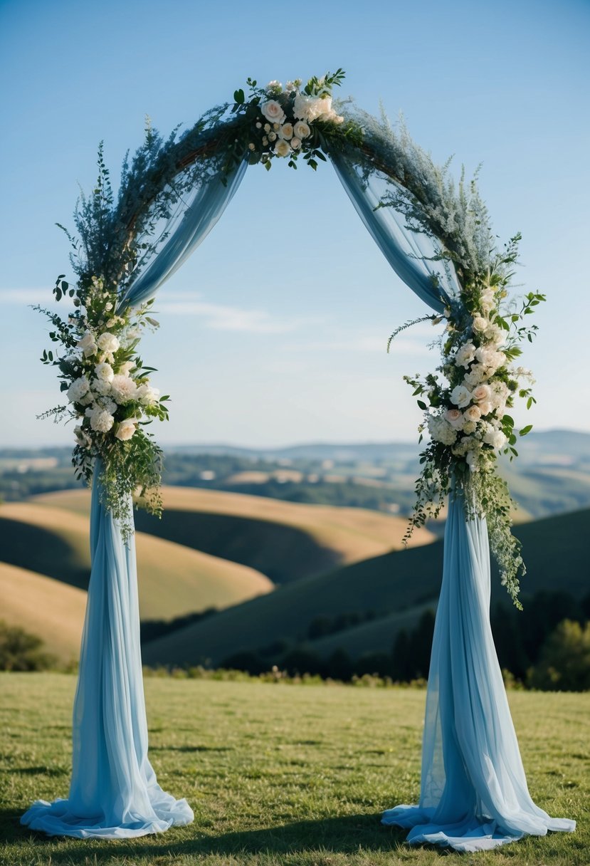 A dusty blue wedding arch adorned with delicate flowers and greenery, set against a backdrop of rolling hills and a clear blue sky