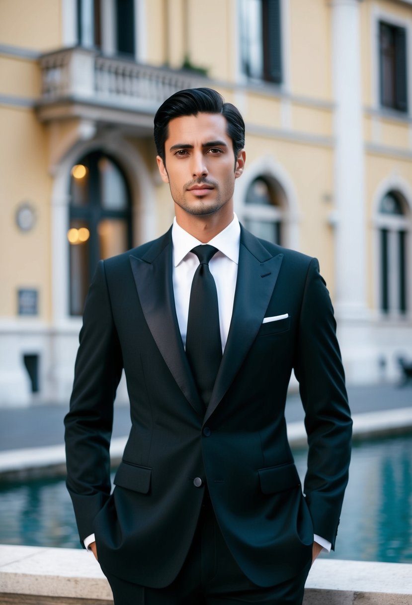 A sleek, black Italian style suit with a classic black tie, set against a backdrop of elegant Italian architecture